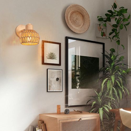 15cm Applique Murale Intérieure Lampe Murale Réglable En Bois Et Rotin Rétro Vintage