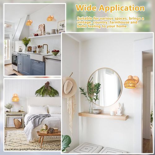 15cm Applique Murale Intérieure Lampe Murale Réglable En Bois Et Rotin Rétro Vintage