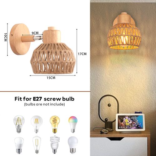 15cm Applique Murale Intérieure Lampe Murale Réglable En Bois Et Rotin Rétro Vintage