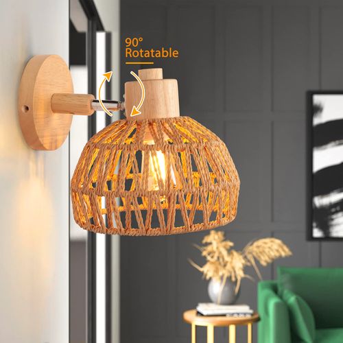20cm Applique Murale Intérieure Lampe Murale Réglable En Bois Et Rotin Rétro Vintage