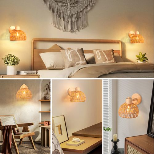 20cm Applique Murale Intérieure Lampe Murale Réglable En Bois Et Rotin Rétro Vintage