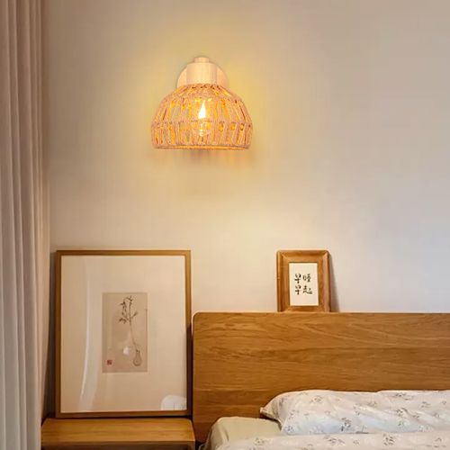 20cm Applique Murale Intérieure Lampe Murale Réglable En Bois Et Rotin Rétro Vintage