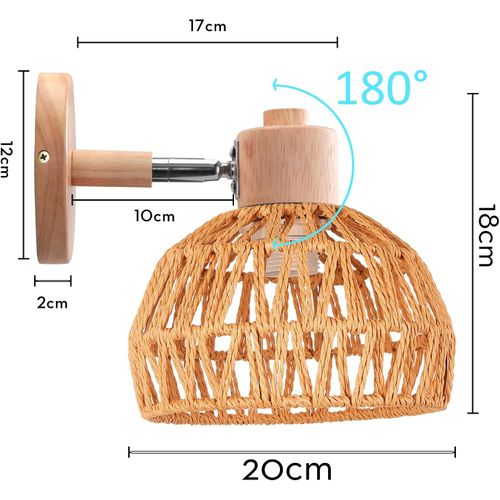 20cm Applique Murale Intérieure Lampe Murale Réglable En Bois Et Rotin Rétro Vintage