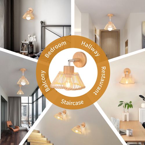 2pcs Applique Murale Intérieure Lampe Murale Bambou Rétro Luminaire Applique Vintage E27