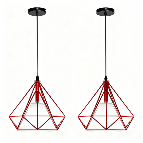 2x Lampe De Plafond En Fer Plafonnier Vintage En Forme De Cage De Diamant 25cm Lustre Rétro Rouge