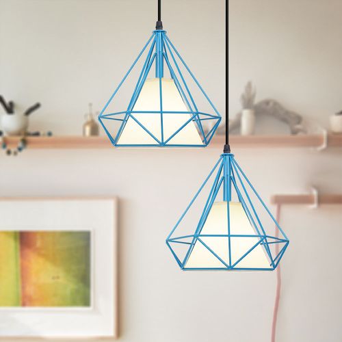 Lampe De Plafond En Fer Plafonnier Vintage En Forme De Cage De Diamant 25cm Lustre Rétro Bleu