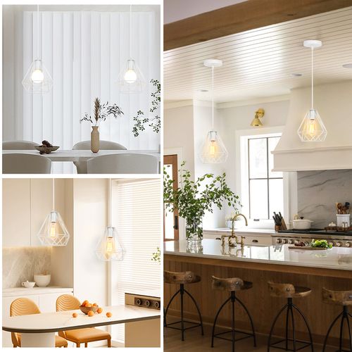 2x Métal Diamant 20cm Lustre Industriel Vintage Lampes Suspendues Rustique Plafonnier Moderne Blanc