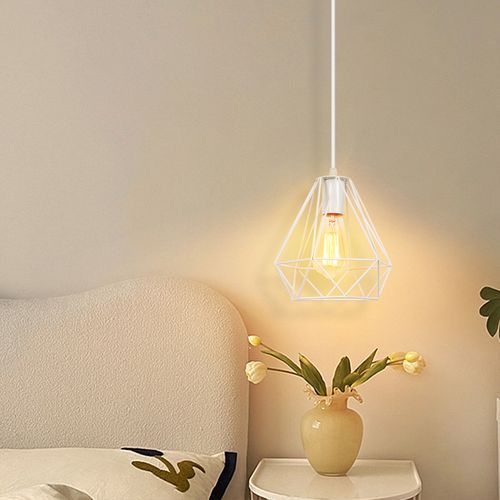 2x Métal Diamant 20cm Lustre Industriel Vintage Lampes Suspendues Rustique Plafonnier Moderne Blanc