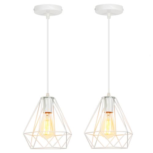 2x Métal Diamant 20cm Lustre Industriel Vintage Lampes Suspendues Rustique Plafonnier Moderne Blanc