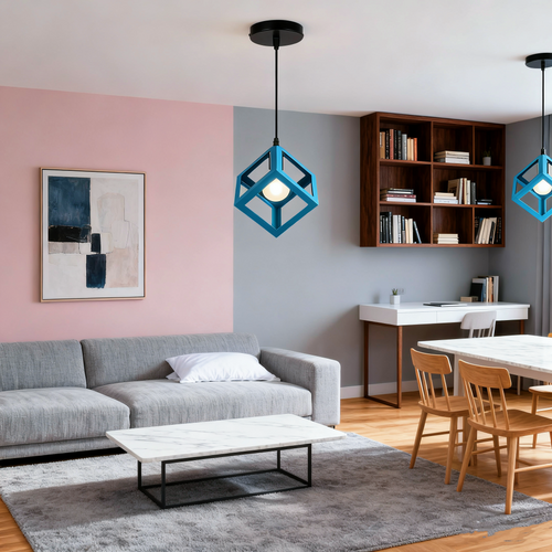 2x Suspension Lustre En Forme De Cube Lustre Luminaire Moderne Plafonnier Rétro Vintage Bleu Clair
