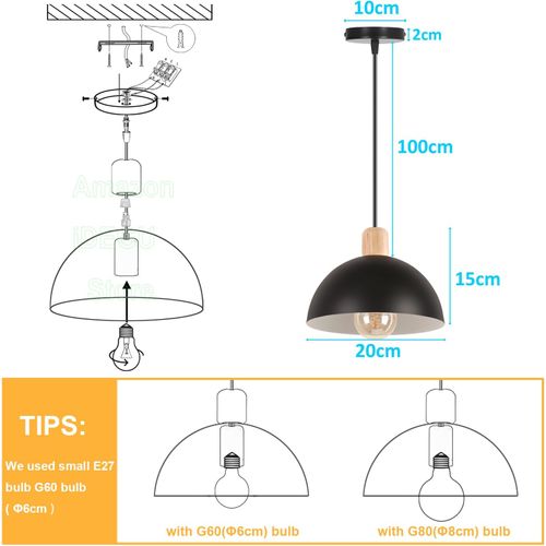 2pcs 20cm Lustre En Métal Vintage Suspension Luminaire Moderne Lampe à Suspension D'intérieur Noir