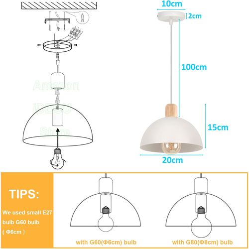 20cm Lustre En Métal Vintage Suspension Luminaire Moderne Lampe à Suspension D'intérieur Blanc