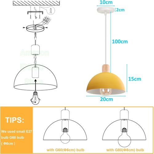 20cm Lustre En Métal Vintage Suspension Luminaire Moderne Lampe à Suspension D'intérieur Jaune