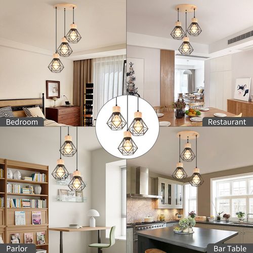 Suspension Vintage Suspension Luminaire Rétro Noir 3 Lumières Plafonnier Moderne Métal Et En Bois