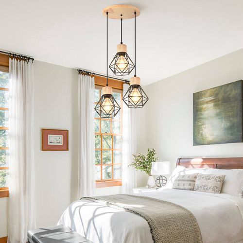 Suspension Vintage Suspension Luminaire Rétro Noir 3 Lumières Plafonnier Moderne Métal Et En Bois