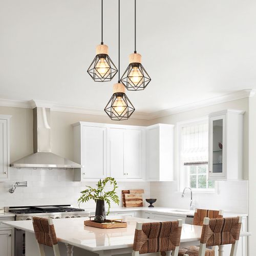 Suspension Vintage Suspension Luminaire Rétro Noir 3 Lumières Plafonnier Moderne Métal Et En Bois