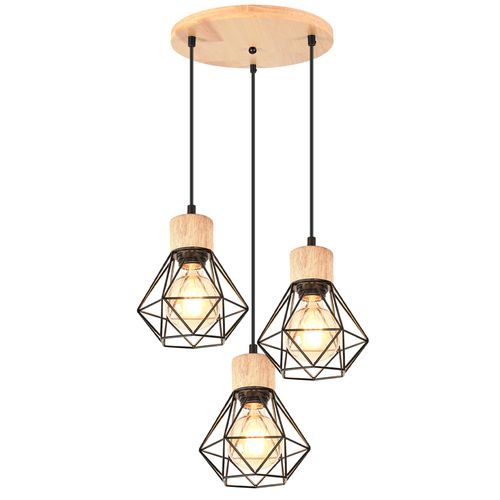 Suspension Vintage Suspension Luminaire Rétro Noir 3 Lumières Plafonnier Moderne Métal Et En Bois