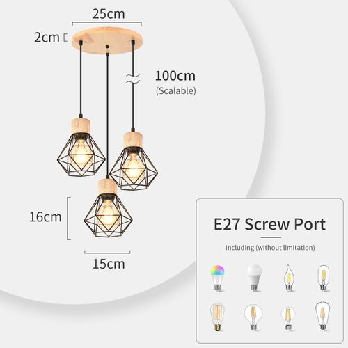 Suspension Vintage Suspension Luminaire Rétro Noir 3 Lumières Plafonnier Moderne Métal Et En Bois