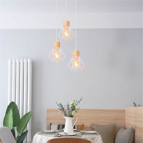 Suspension Vintage Suspension Luminaire Rétro Blanc 3 Lumières Plafonnier Moderne Métal Et En Bois