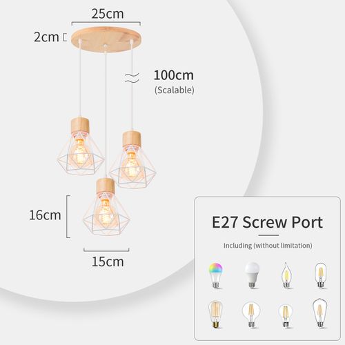 Suspension Vintage Suspension Luminaire Rétro Blanc 3 Lumières Plafonnier Moderne Métal Et En Bois