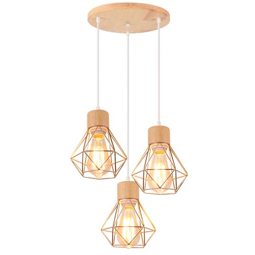 Suspension Vintage Suspension Luminaire Rétro Or 3 Lumières Plafonnier Moderne Métal Et En Bois