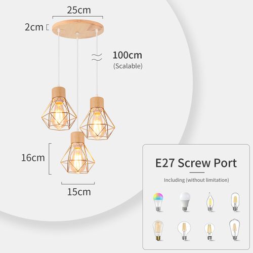 Suspension Vintage Suspension Luminaire Rétro Or 3 Lumières Plafonnier Moderne Métal Et En Bois