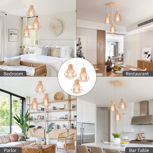 Suspension Vintage Suspension Luminaire Rétro Or Rose 3 Lumières Plafonnier Moderne Métal Et En Bois