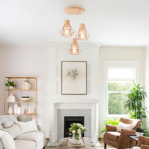 Suspension Vintage Suspension Luminaire Rétro Or Rose 3 Lumières Plafonnier Moderne Métal Et En Bois