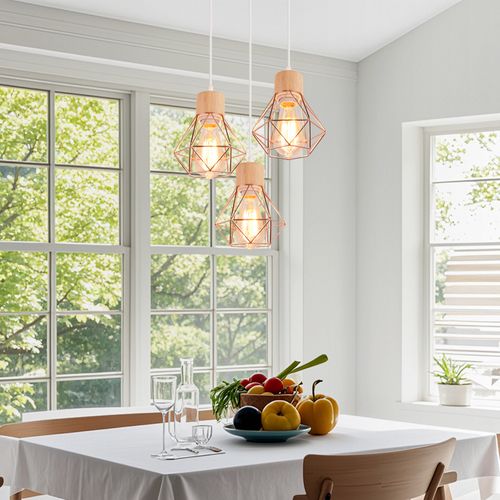 Suspension Vintage Suspension Luminaire Rétro Or Rose 3 Lumières Plafonnier Moderne Métal Et En Bois