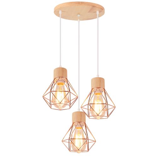 Suspension Vintage Suspension Luminaire Rétro Or Rose 3 Lumières Plafonnier Moderne Métal Et En Bois