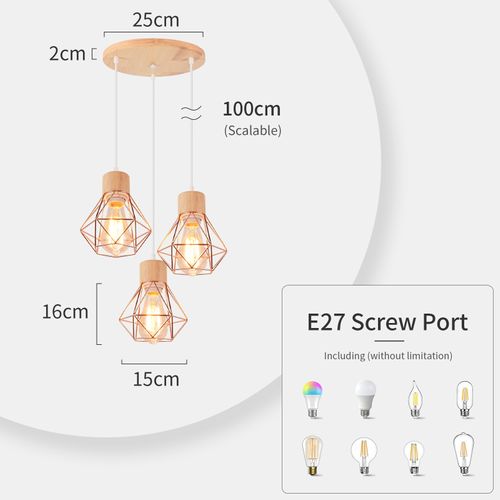 Suspension Vintage Suspension Luminaire Rétro Or Rose 3 Lumières Plafonnier Moderne Métal Et En Bois