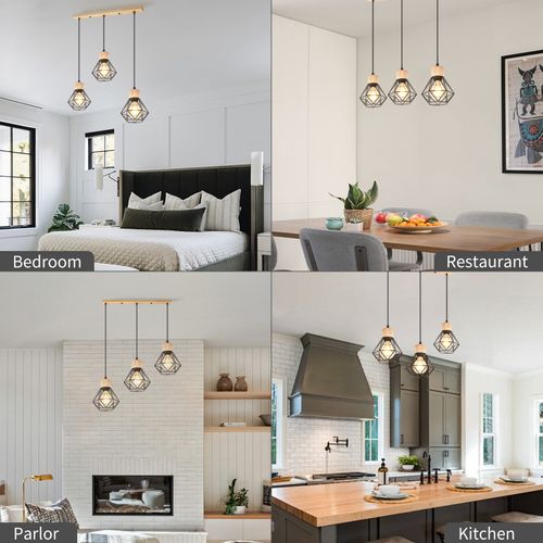 Suspension Vintage Suspension Luminaire Rétro 3 Lumières Plafonnier Moderne Métal Et En Bois Noir