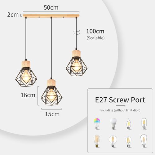 Suspension Vintage Suspension Luminaire Rétro 3 Lumières Plafonnier Moderne Métal Et En Bois Noir