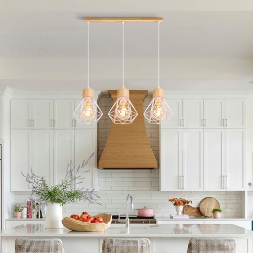 Suspension Vintage Suspension Luminaire Rétro 3 Lumières Plafonnier Moderne Métal Et En Bois Blanc
