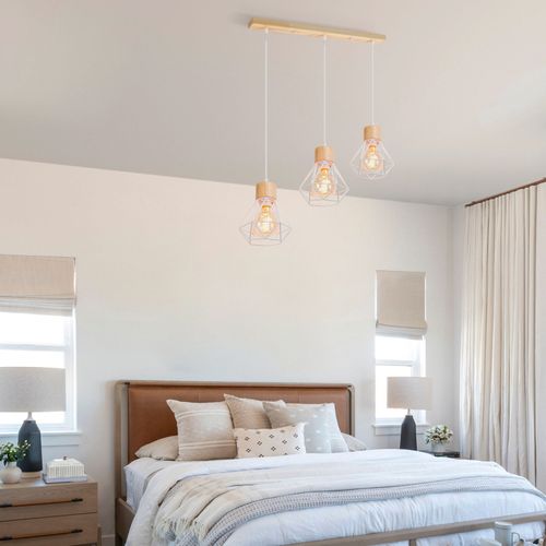 Suspension Vintage Suspension Luminaire Rétro 3 Lumières Plafonnier Moderne Métal Et En Bois Blanc