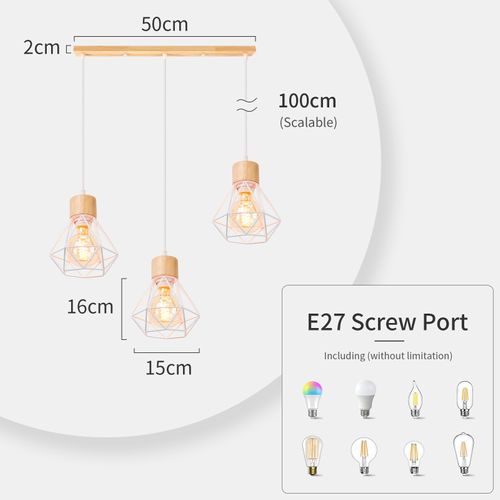Suspension Vintage Suspension Luminaire Rétro 3 Lumières Plafonnier Moderne Métal Et En Bois Blanc