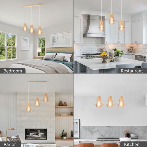 Suspension Vintage Suspension Luminaire Rétro 3 Lumières Plafonnier Moderne Métal Et En Bois Or