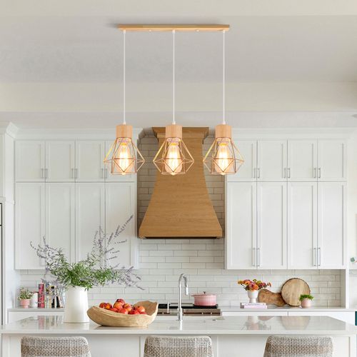 Suspension Vintage Suspension Luminaire Rétro 3 Lumières Plafonnier Moderne Métal Et En Bois Or