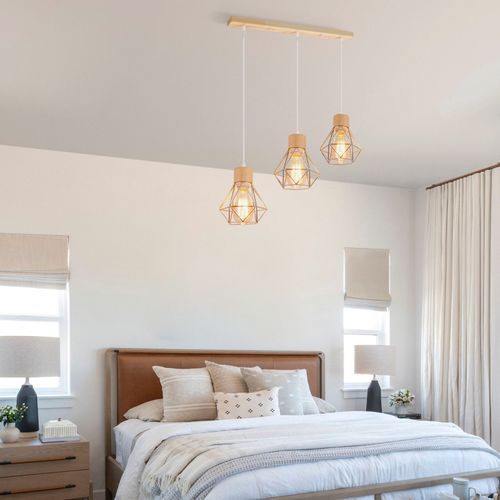 Suspension Vintage Suspension Luminaire Rétro 3 Lumières Plafonnier Moderne Métal Et En Bois Or