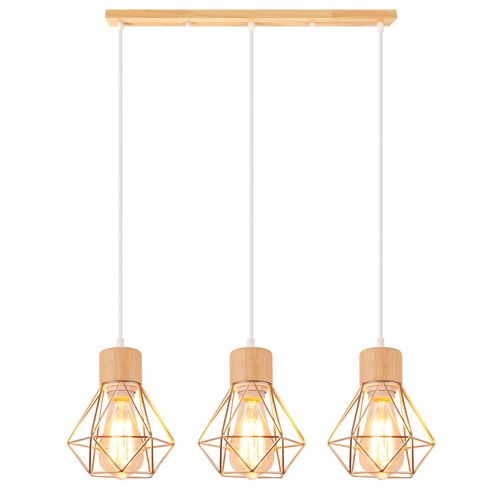 Suspension Vintage Suspension Luminaire Rétro 3 Lumières Plafonnier Moderne Métal Et En Bois Or