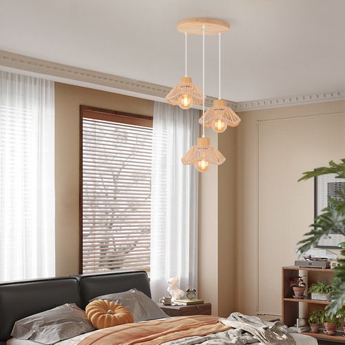 3 Lumières Plafonnier Moderne Lampe De Plafond En Osier Suspension Rétro Lustre En Rotin Tressé