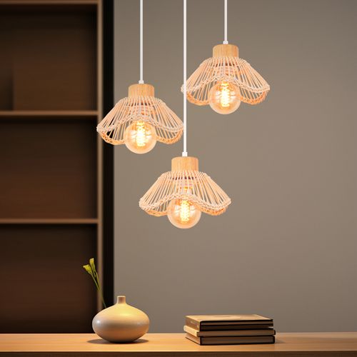 3 Lumières Plafonnier Moderne Lampe De Plafond En Osier Suspension Rétro Lustre En Rotin Tressé