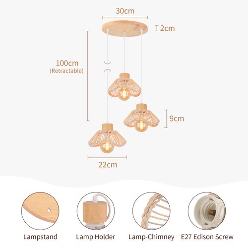 3 Lumières Plafonnier Moderne Lampe De Plafond En Osier Suspension Rétro Lustre En Rotin Tressé