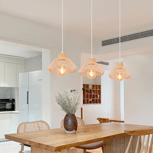 3 Lumières Plafonnier Moderne Suspension Rétro Lampe De Plafond En Osier Lustre En Rotin Tressé
