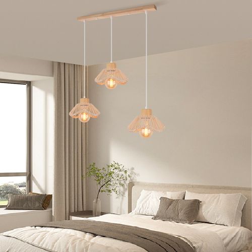 3 Lumières Plafonnier Moderne Suspension Rétro Lampe De Plafond En Osier Lustre En Rotin Tressé
