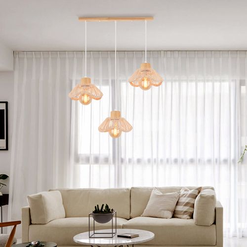 3 Lumières Plafonnier Moderne Suspension Rétro Lampe De Plafond En Osier Lustre En Rotin Tressé