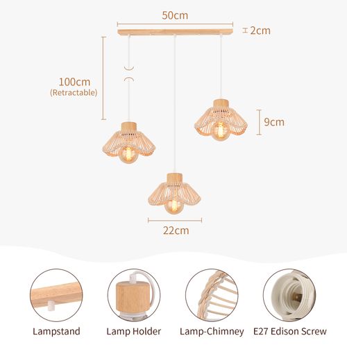 3 Lumières Plafonnier Moderne Suspension Rétro Lampe De Plafond En Osier Lustre En Rotin Tressé