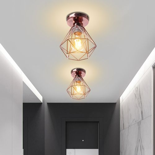 3pcs Plafonnier Industriel Cage Diamant Lampe De Plafond Pour Chambre Rose