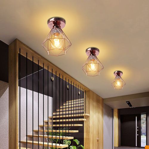 3pcs Plafonnier Industriel Cage Diamant Lampe De Plafond Pour Chambre Rose