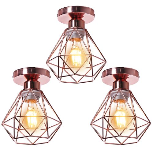 3pcs Plafonnier Industriel Cage Diamant Lampe De Plafond Pour Chambre Rose